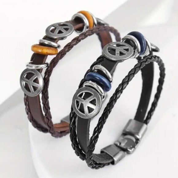 Boho Faux Leather Peace Sign Bracelet - Brown or Black #1539 - Picture 1 of 10